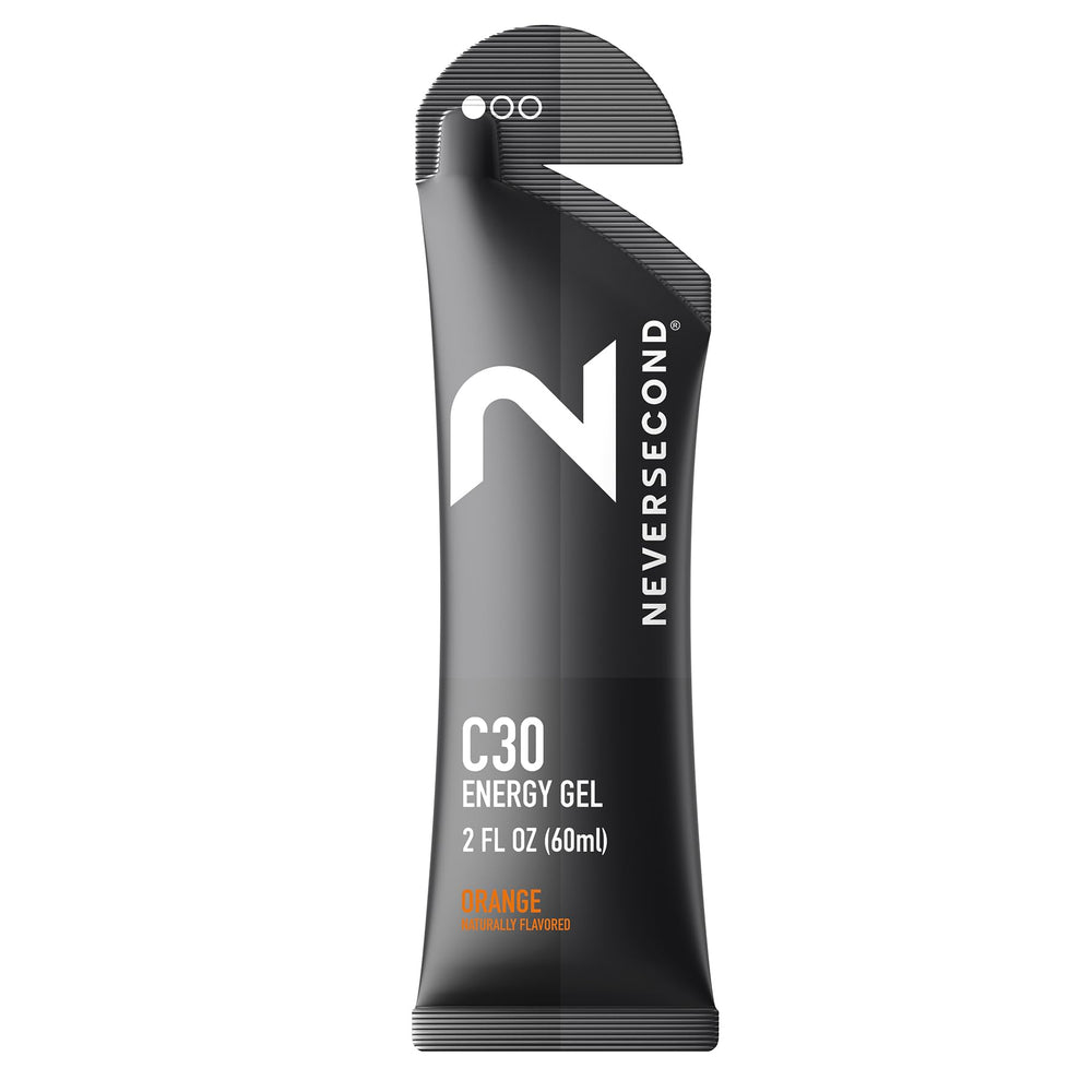 Neversecond C30 Energy Gel orange packaging for easy on-the-go fueling.