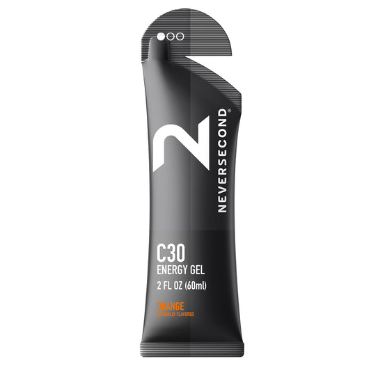 Neversecond C30 Energy Gel orange packaging for easy on-the-go fueling.