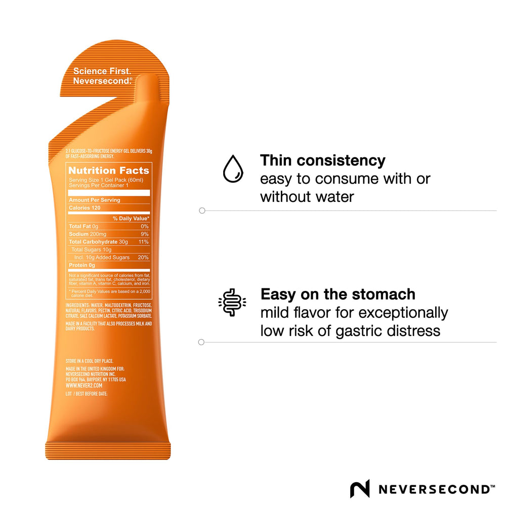 Neversecond C30 Energy Gel orange texture highlights fast-absorbing fuel.