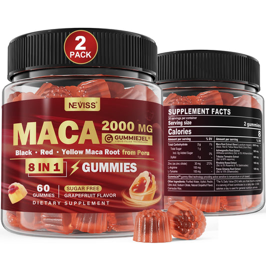 NEVISS 2Pack Sugar-Free Maca Gummies close-up highlighting texture and grapefruit flavor.