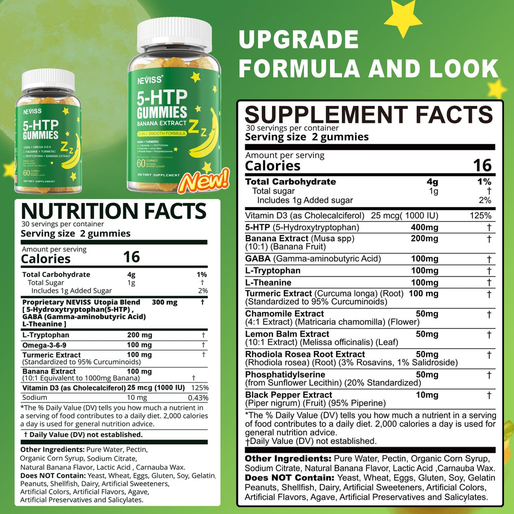 NEVISS 5-HTP gummies label close-up highlighting melatonin-free relaxation.