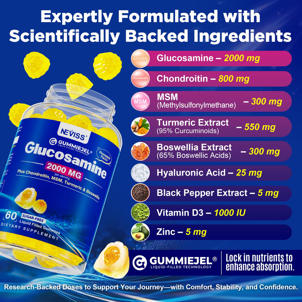 NEVISS bottle displays 7-in-1 ingredients and key benefits.