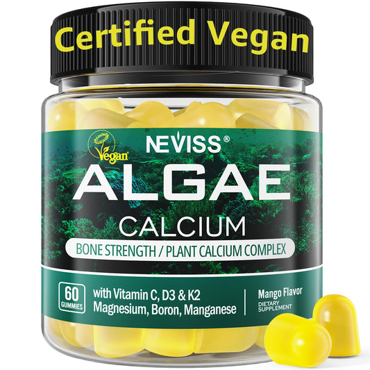 NEVISS algae calcium gummies bottle showing vegan, sugar-free bone support.