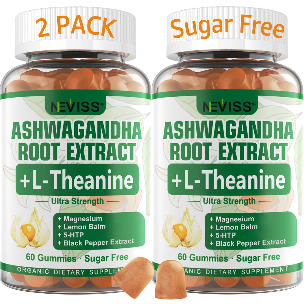 NEVISS Ashwagandha Gummies bottle view highlighting 2000 mg potency for calm evenings.