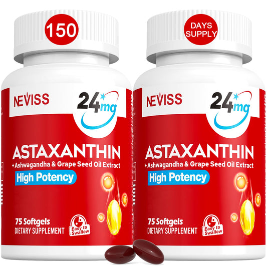 NEVISS astaxanthin softgels bottle shows antioxidant support for skin and eyes.