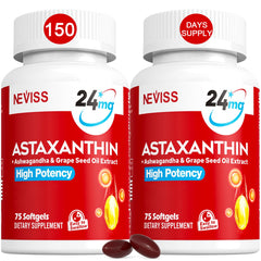 NEVISS astaxanthin softgels bottle shows antioxidant support for skin and eyes.