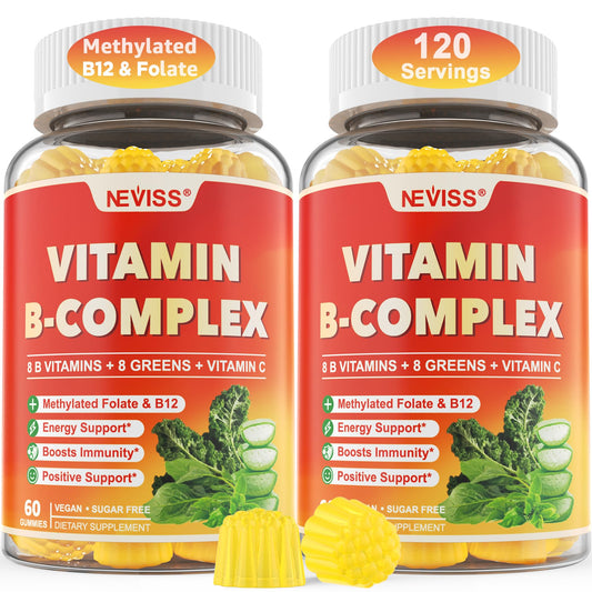 NEVISS B Complex bottle closeup showing gummies for daily energy