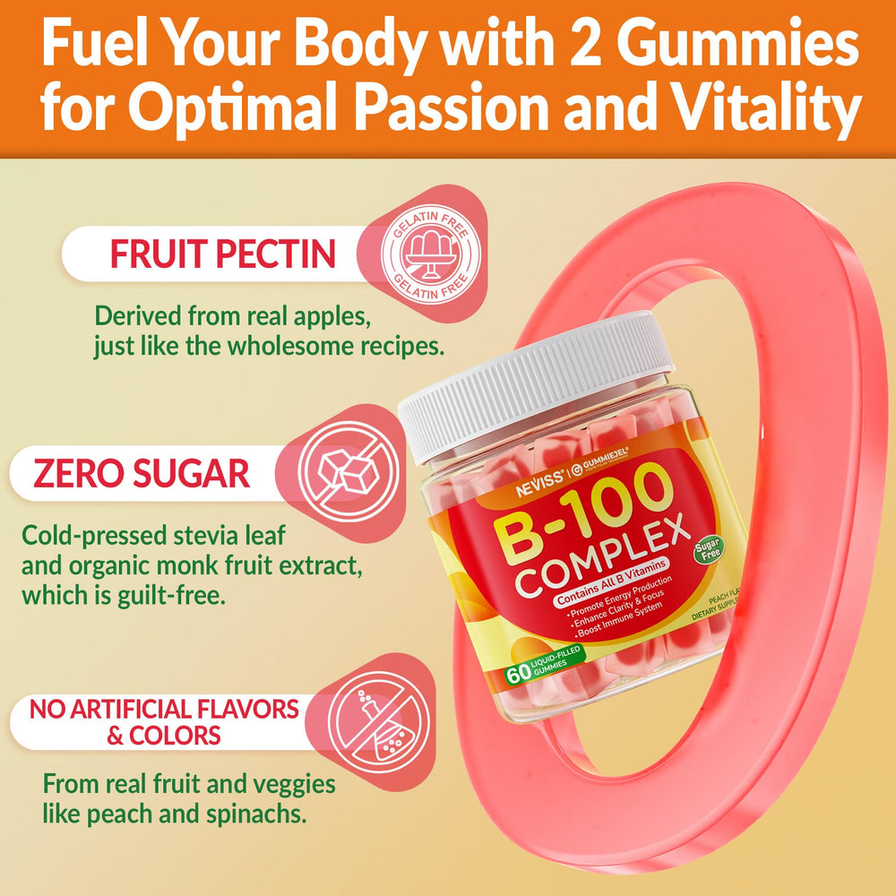 NEVISS B Complex gummies texture closeup shows juicy, soft consistency.