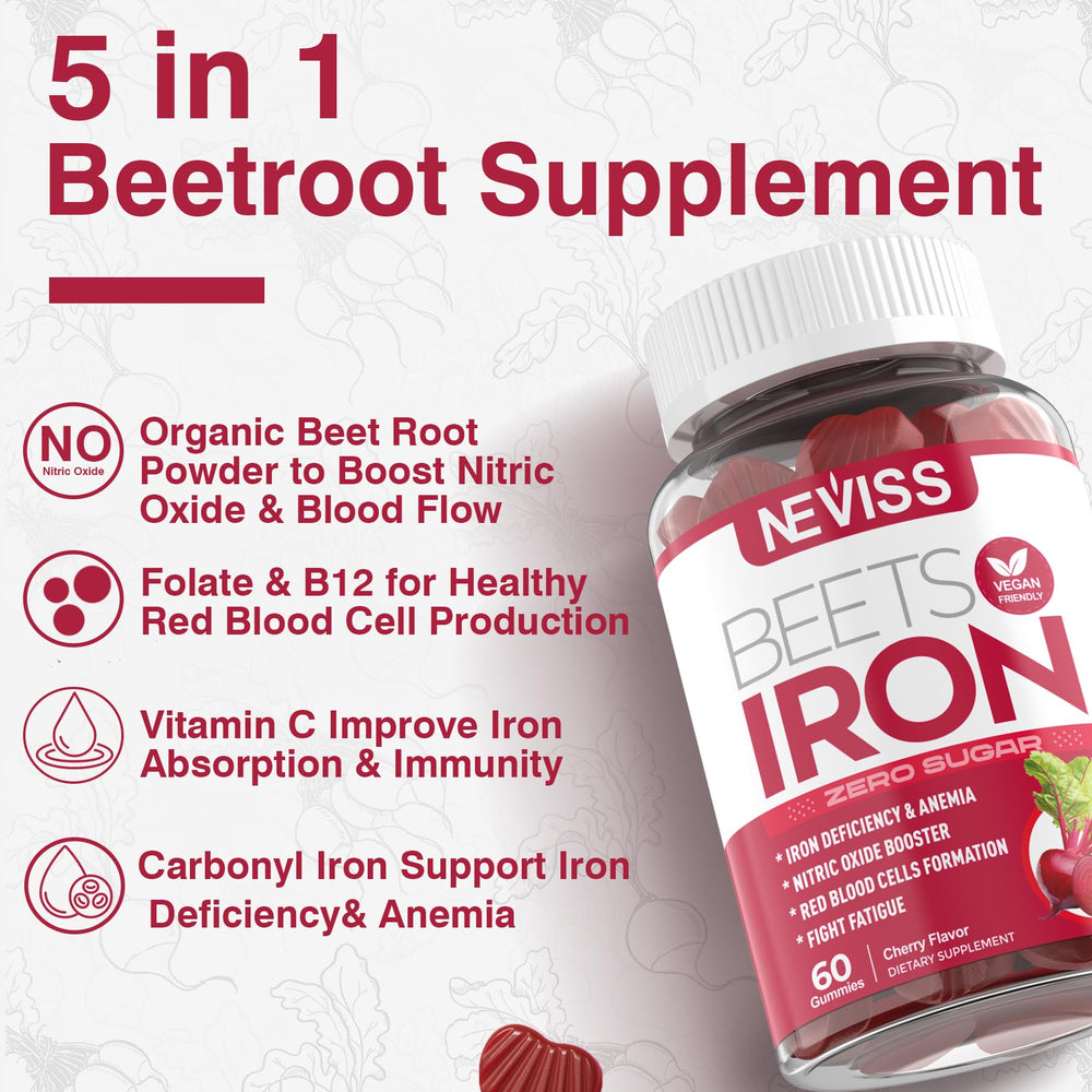 NEVISS Beet Root Gummies cherry flavor close-up for daily energy support.
