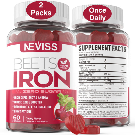 NEVISS Beet Root Gummies bottle front view, convenient daily supplement for energy support.