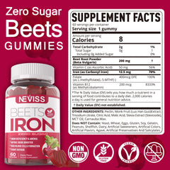 NEVISS Beet Root Gummies label close-up showing iron blend for nutrient delivery.