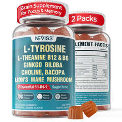 NEVISS Brain Focus Gummies bottle showing a memory and focus support formula for daily use.
