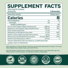NEVISS calcium gummies bottle close-up reveals sugar-free, monk fruit sweetness for easy daily use.
