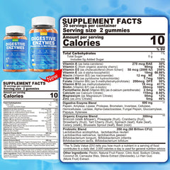 NEVISS Digestive Enzymes Gummies label close-up highlights ingredients and benefits.