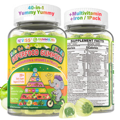 NEVISS Kids gummy bottle with colorful fruits for immune support and daily energy