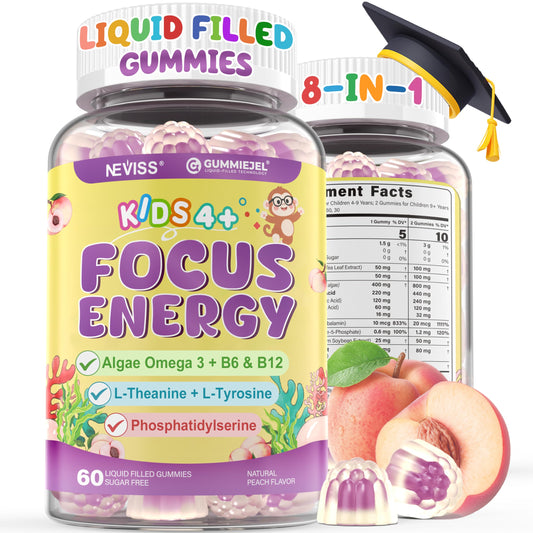 NEVISS Kids Focus Gummies bottle front for sugar-free daily brain support.