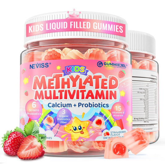 Neviss Kids Multivitamin Gummies bottle showing colorful daily supplement for growing bones and immune health.
