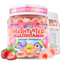 Neviss Kids Multivitamin Gummies bottle showing colorful daily supplement for growing bones and immune health.