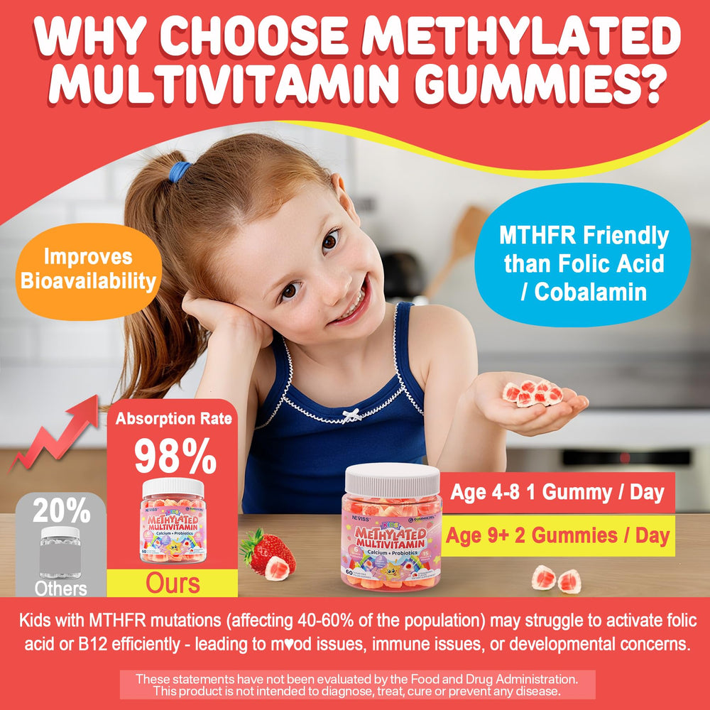 Neviss Kids Multivitamin Gummies front label emphasizing a 20-in-1 formula for kids' nutrition.