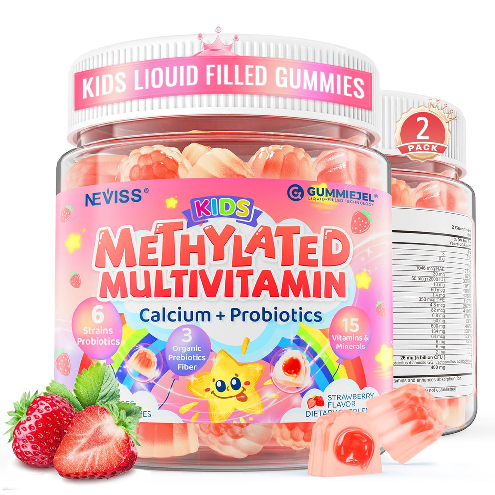 NEVISS Kids Multivitamin gummies packaging front, colorful bottle for daily immune support.