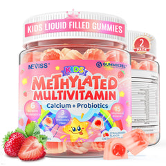 NEVISS Kids Multivitamin gummies packaging front, colorful bottle for daily immune support.