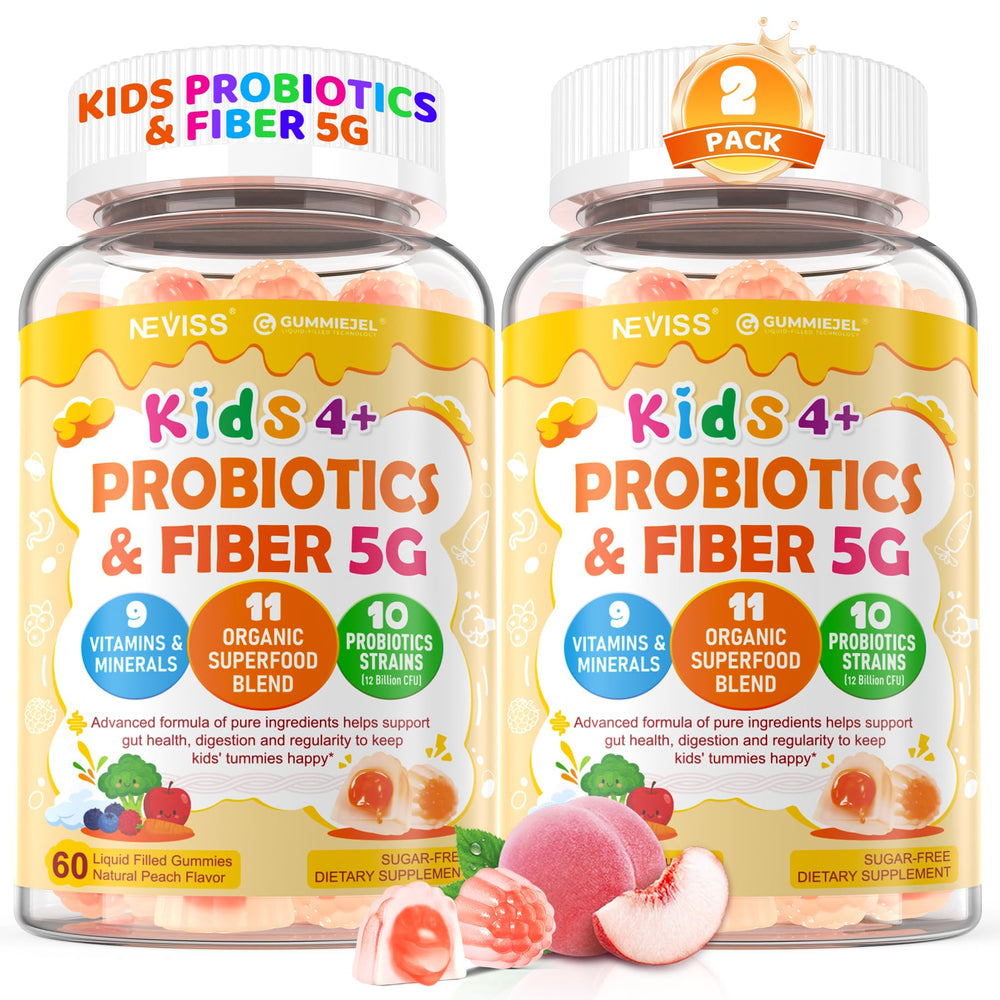 NEVISS Kids probiotic fiber gummies pack offers tasty daily digestive support.