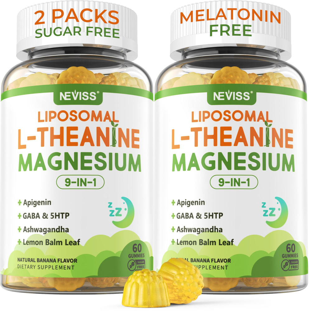 NEVISS liposomal L-Theanine gummies in a bottle for daily calm and focus.