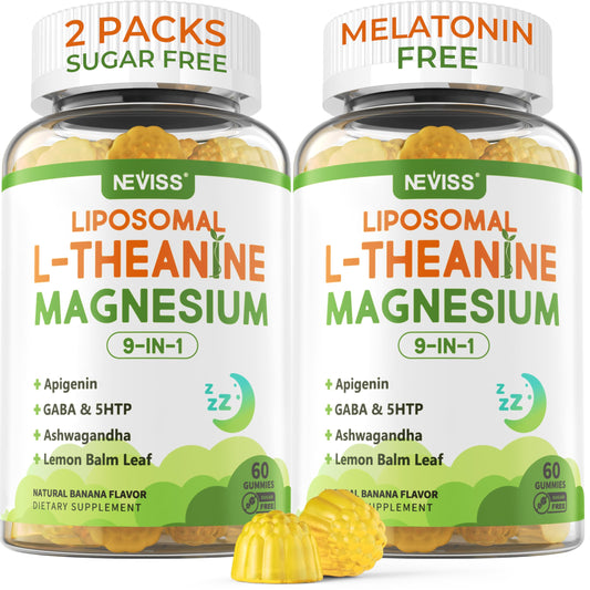 NEVISS liposomal L-Theanine gummies in a bottle for daily calm and focus.