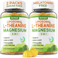 NEVISS liposomal L-Theanine gummies in a bottle for daily calm and focus.