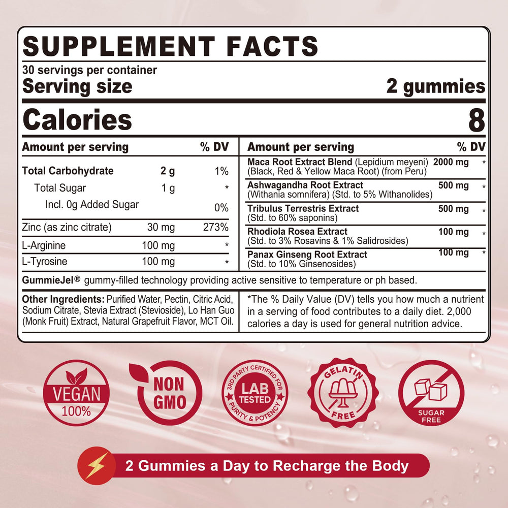 NEVISS Maca Root Filled Gummies closeup shows chewy texture for daily use.