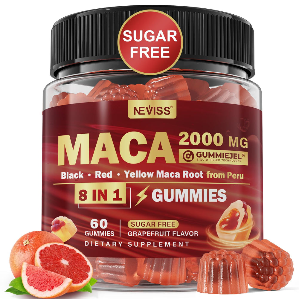 NEVISS Maca Root Filled Gummies bottle supports daily wellness with grapefruit flavor.