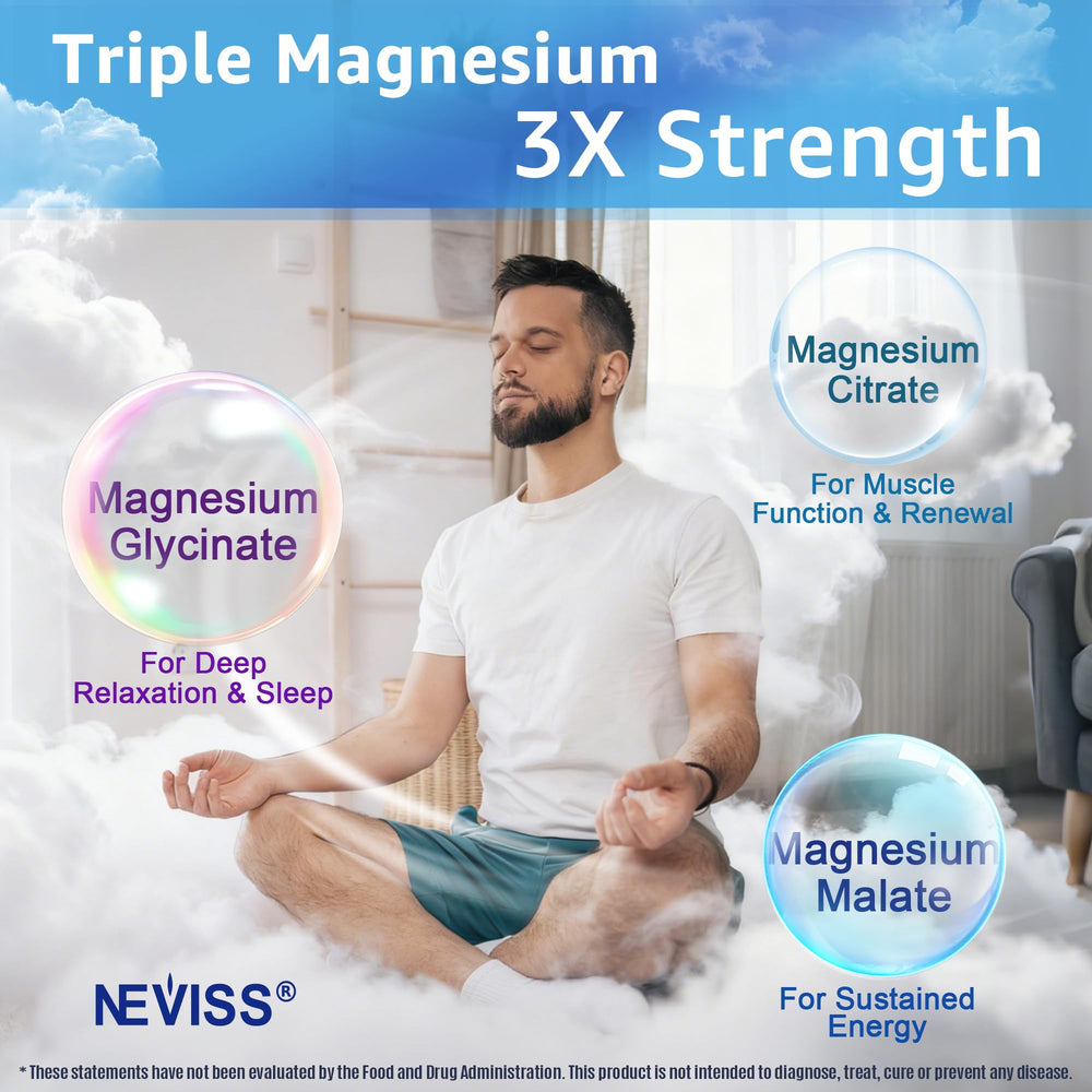 NEVISS Magnesium Complex Gummies ingredients panel highlights magnesium complex with B vitamins for daily mood support.