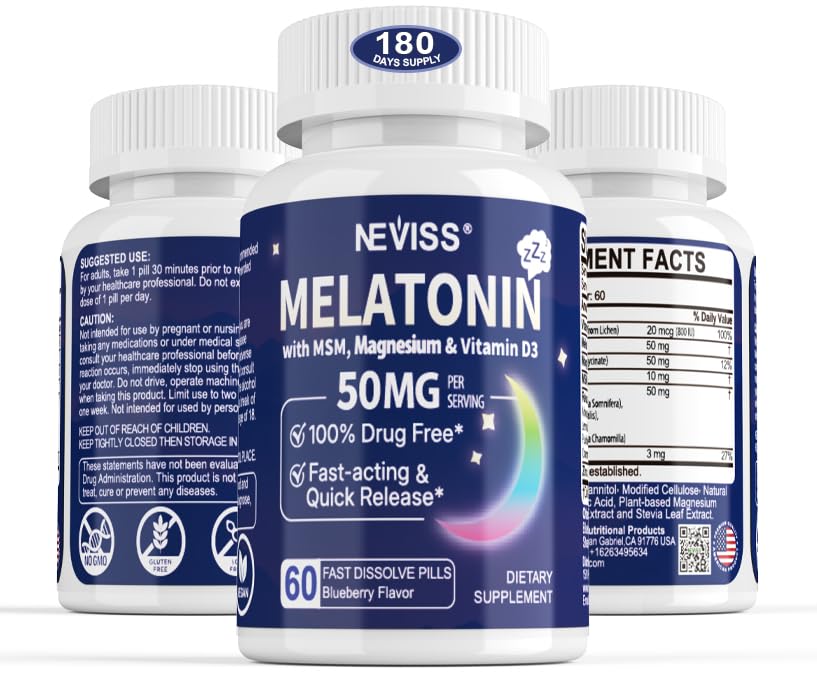 NEVISS Melatonin 50mg bottle promotes a restful night with high potency