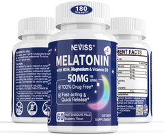 NEVISS Melatonin 50mg bottle promotes a restful night with high potency