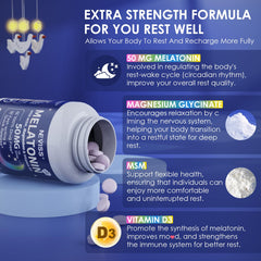NEVISS Melatonin 50mg ingredient panel highlights 9-in-1 wellness blend