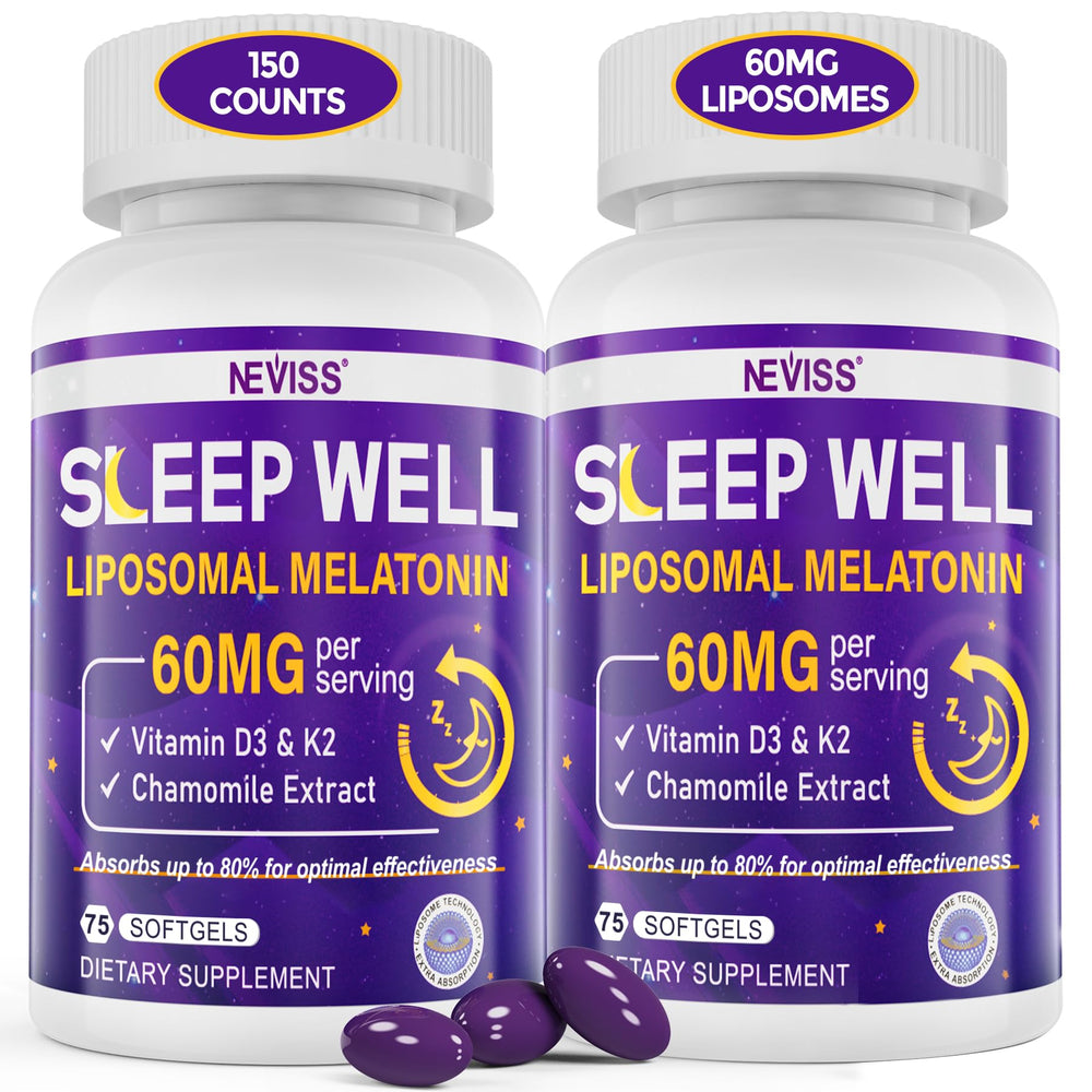 NEVISS Melatonin 60mg bottle on nightstand promoting deep rest