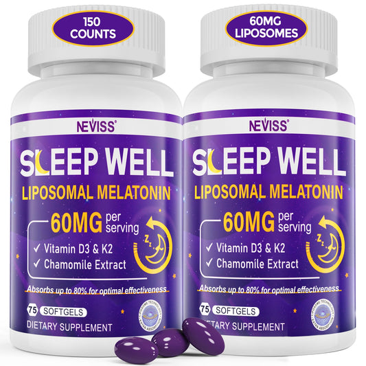NEVISS Melatonin 60mg bottle on nightstand promoting deep rest