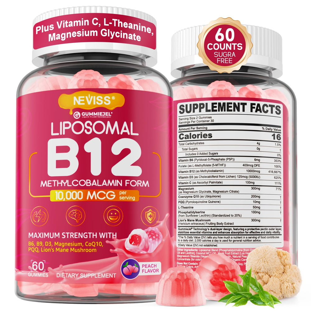 NEVISS Methyl B12 gummies bottle closeup for convenient energy support