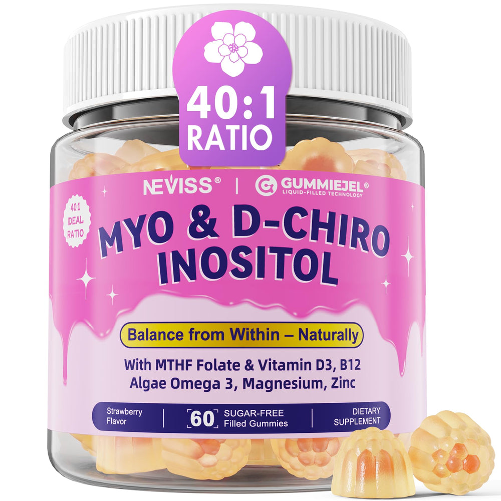 NEVISS bottle of Myo-Inositol and D-Chiro Inositol balance gummies for daily wellness