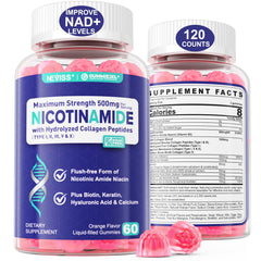 Neviss Nicotinamide 500mg Gummies bottle highlighting antioxidant support.