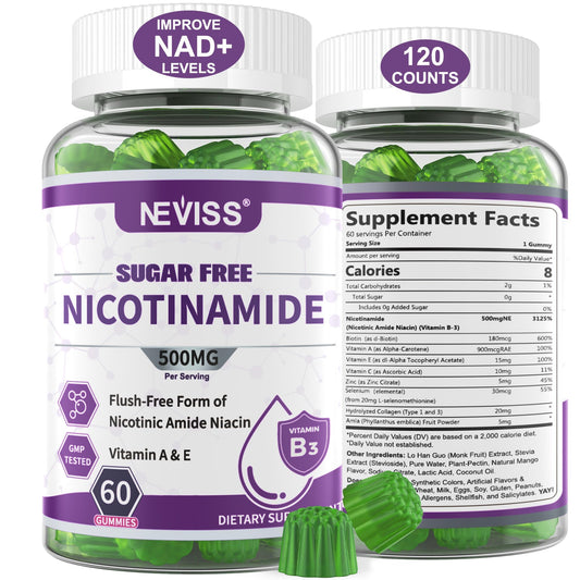 NEVISS Nicotinamide gummies bottle shows no flush formula for gentle daily use.