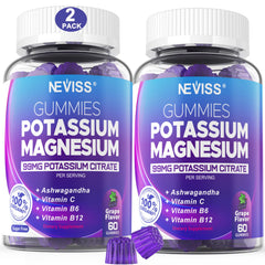 NEVISS Potassium Magnesium Gummies bottle close-up for daily electrolyte balance.