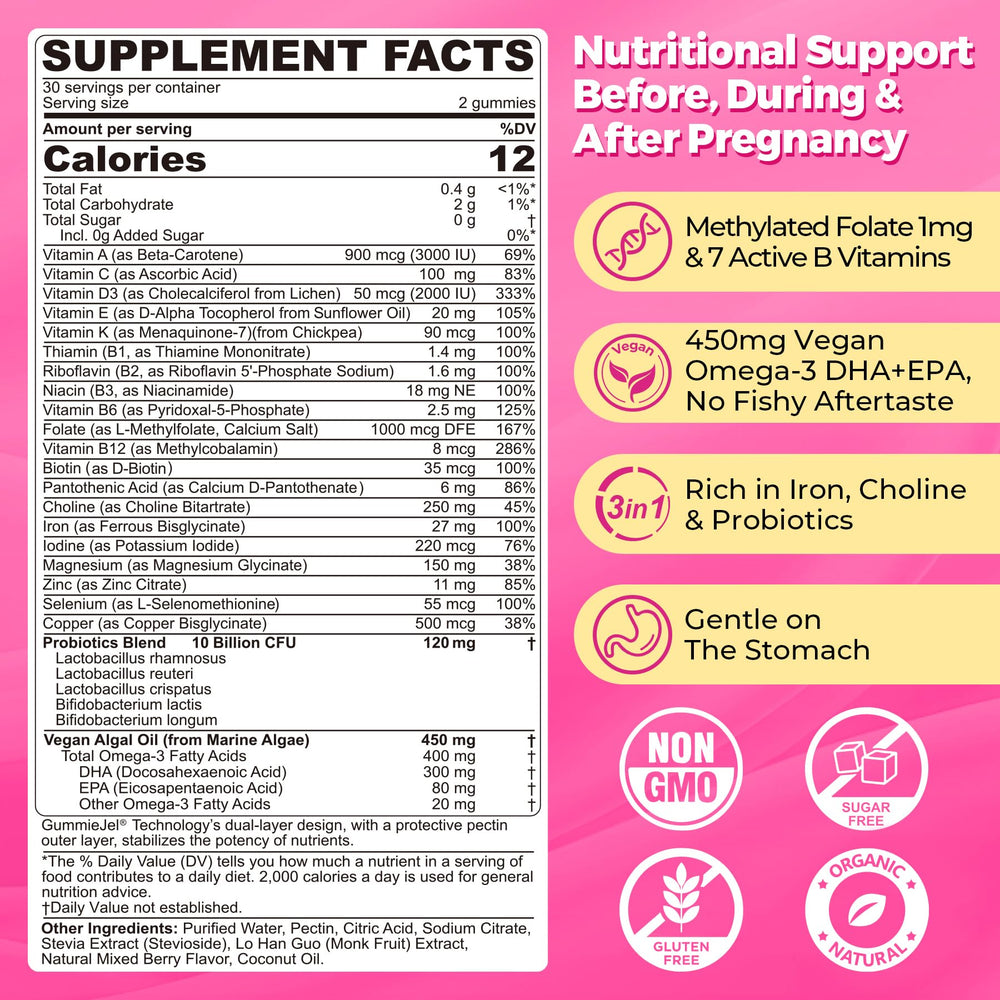 NEVISS Prenatal Gummies close-up shows chewy texture and berry flavor