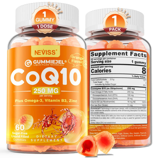 NEVISS sugar-free CoQ10 gummies bottle front 60-count for heart health support