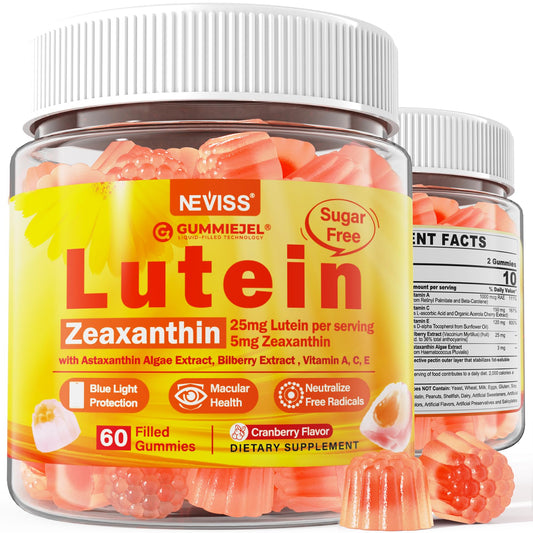 NEVISS sugar-free lutein zeaxanthin gummies with center-filled core for high absorption.