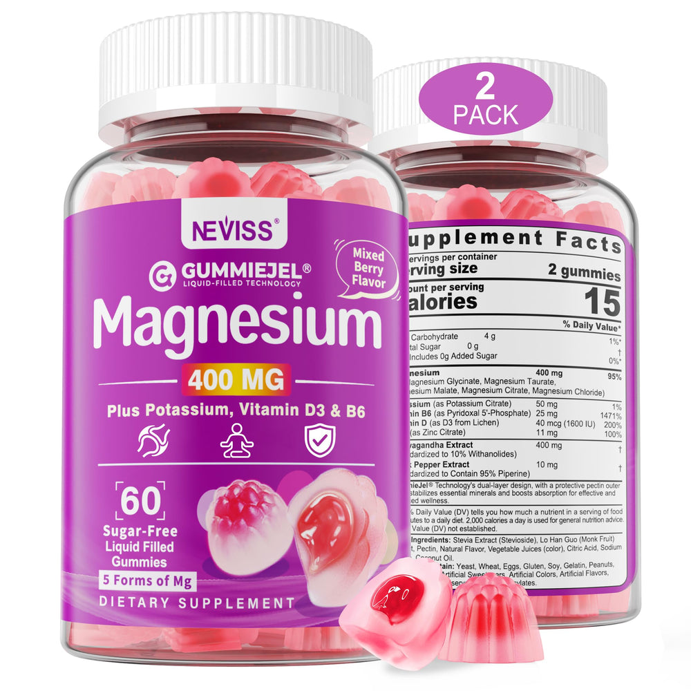 NEVISS sugar-free magnesium gummies bottle-front showcasing a calm, balanced day ahead