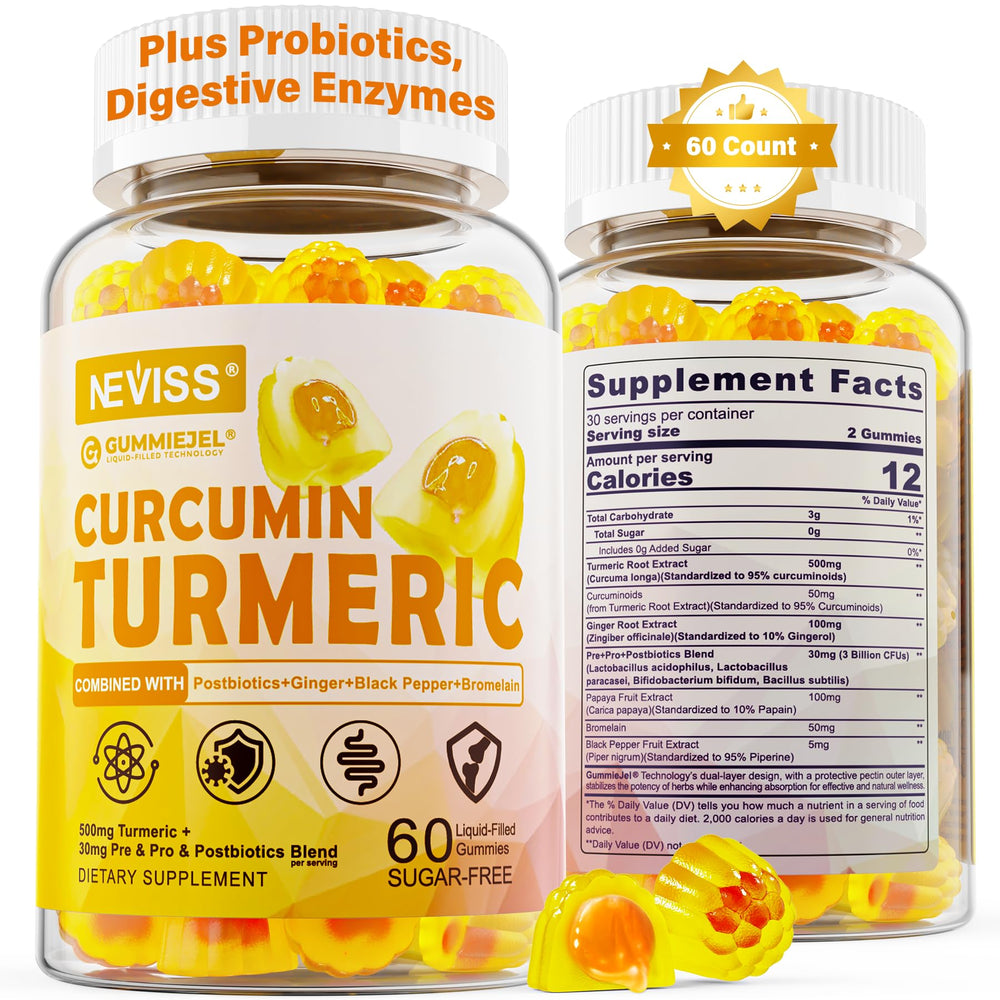 NEVISS Sugar-Free Turmeric Gummies bottle front for daily vitality support