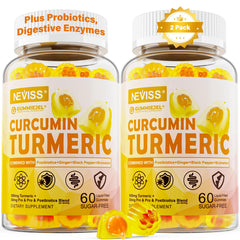 NEVISS sugar-free turmeric curcumin gummies bottle highlighting pineapple flavor and immune support potential