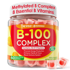 NEVISS Super Vitamin B Complex Gummies bottle front shows fruity, sugar-free energy support.