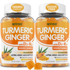NEVISS turmeric-ginger gummies bottle showing 120ct vegan formula for bone and immune support.